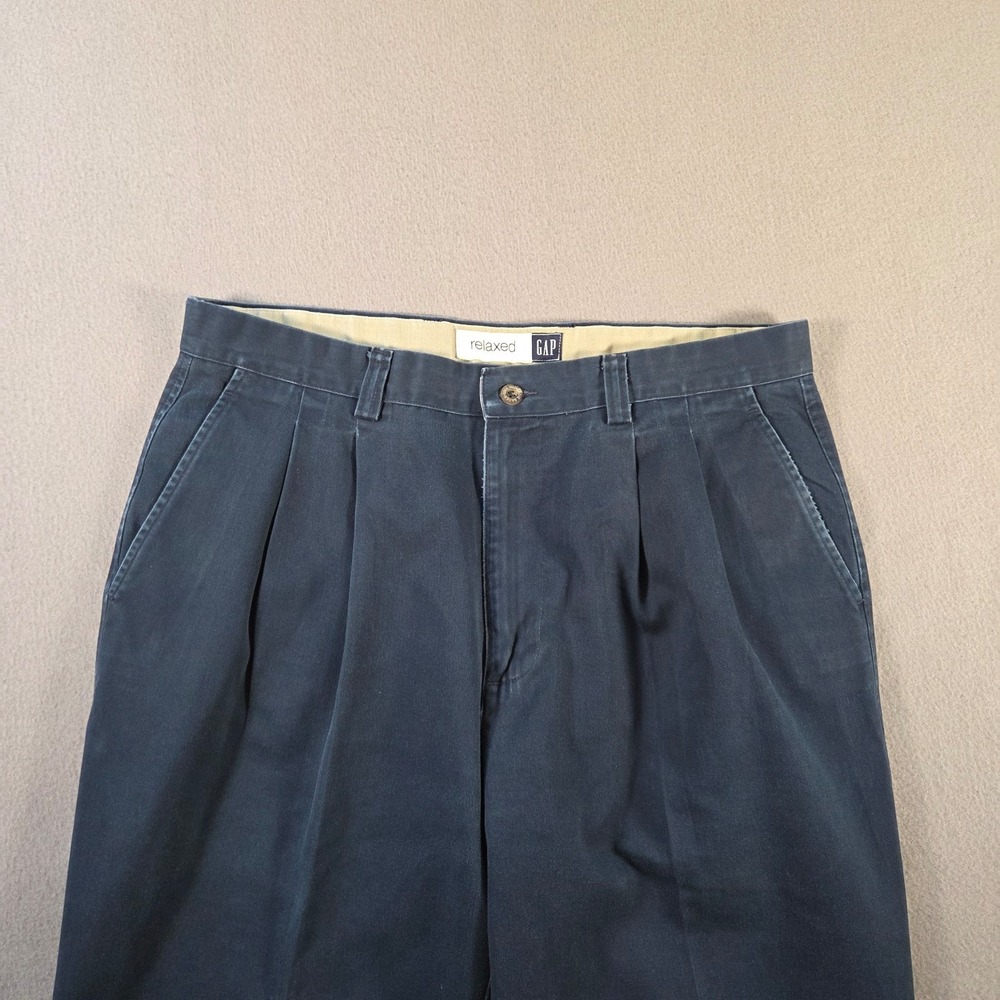 Gap Pants Mens 34x30 Navy Relaxed Fit Pleated Trousers Cuffed Vintage Baggy Prep